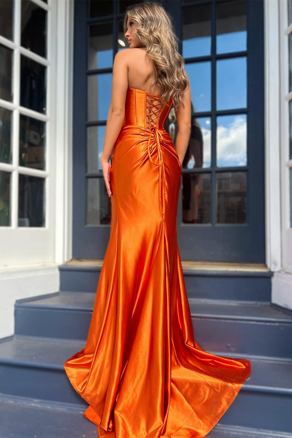 Stylish Mermaid Strapless Lace Up Long Satin Prom Dress With Split