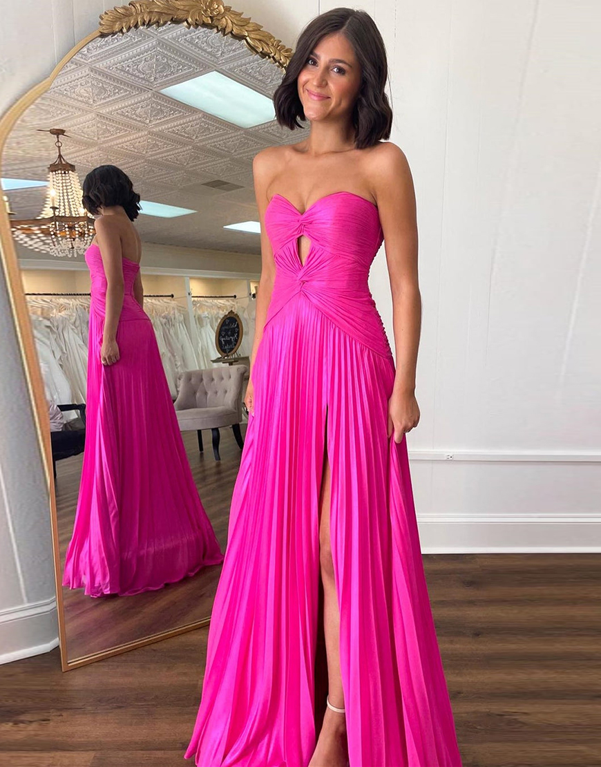 Fuchsia A-Line Strapless Ruched Hollow Out Long Prom Dress with Slit