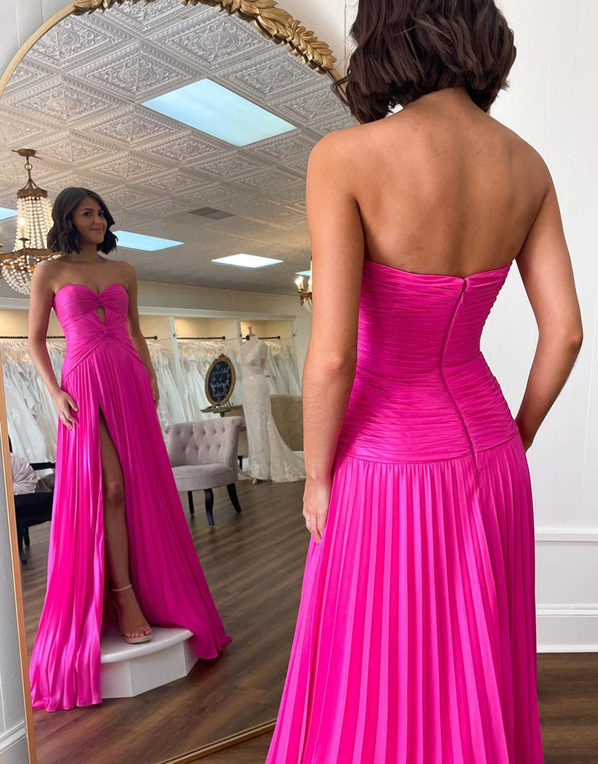 Fuchsia A-Line Strapless Ruched Hollow Out Long Prom Dress with Slit