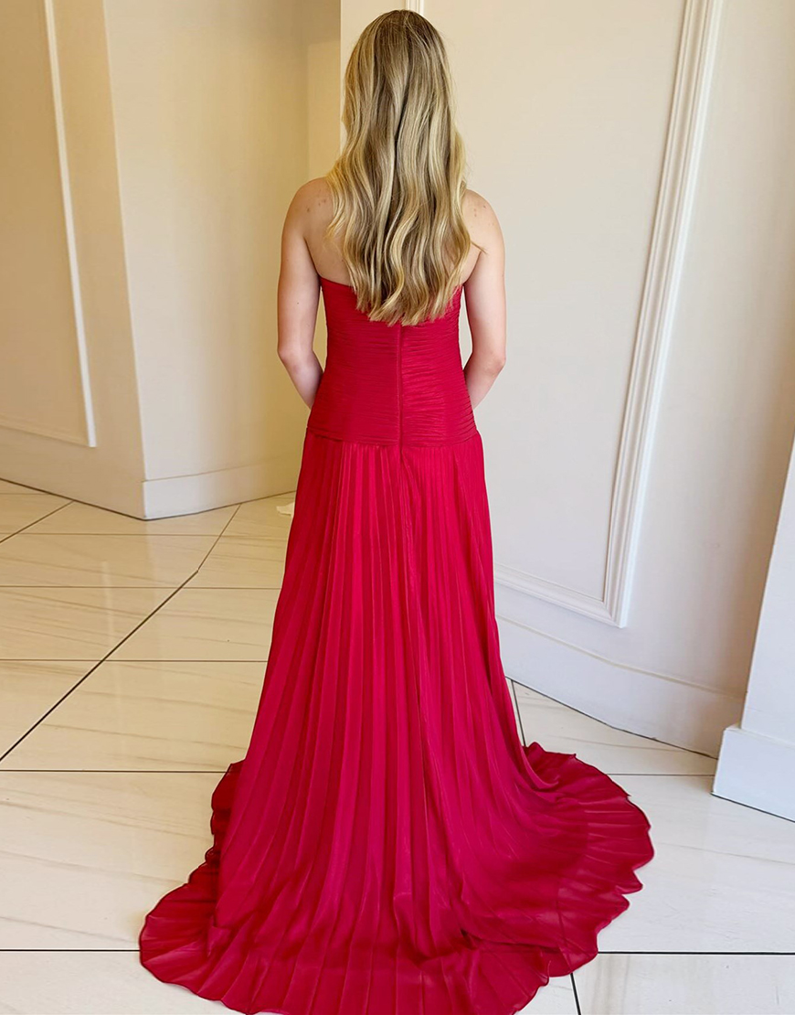 Fuchsia A-Line Strapless Ruched Hollow Out Long Prom Dress with Slit