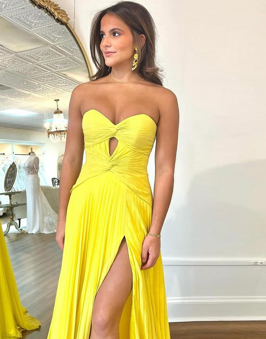 Fuchsia A-Line Strapless Ruched Hollow Out Long Prom Dress with Slit