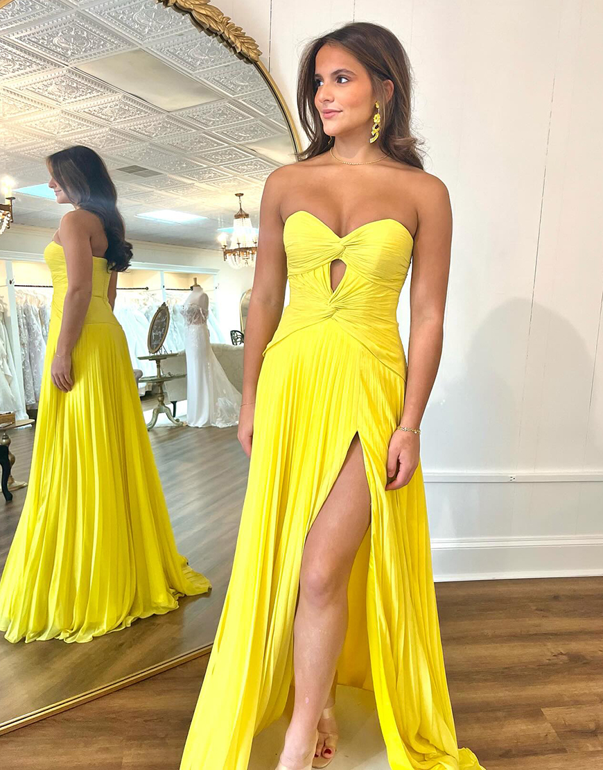 Fuchsia A-Line Strapless Ruched Hollow Out Long Prom Dress with Slit