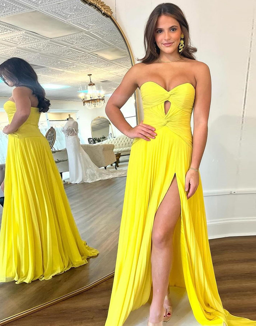 Fuchsia A-Line Strapless Ruched Hollow Out Long Prom Dress with Slit