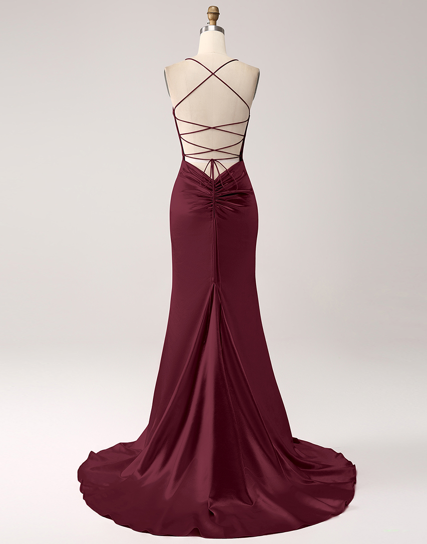 Blush Mermaid Spaghetti Straps Satin Lace-Up Long Prom Dress