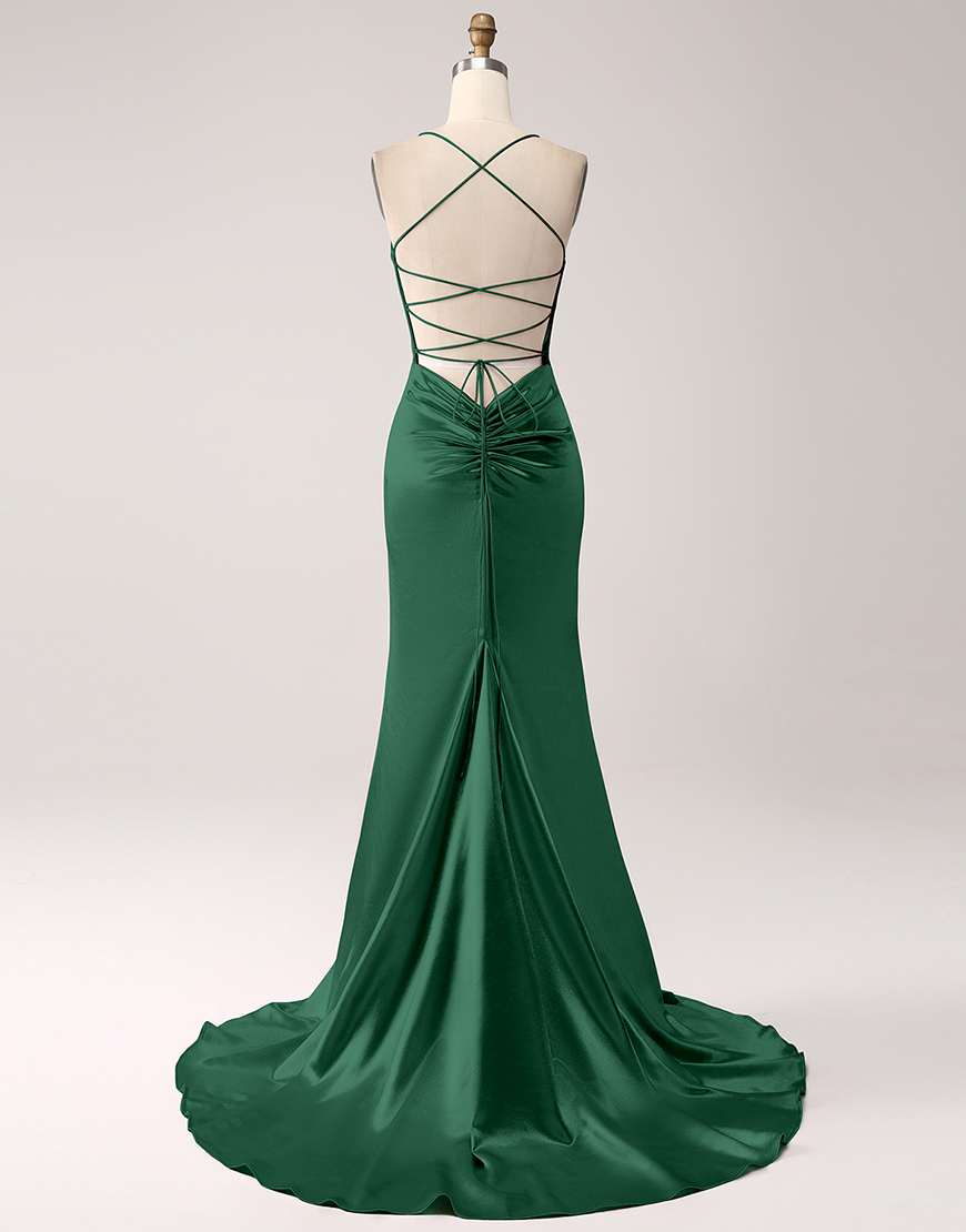 Blush Mermaid Spaghetti Straps Satin Lace-Up Long Prom Dress