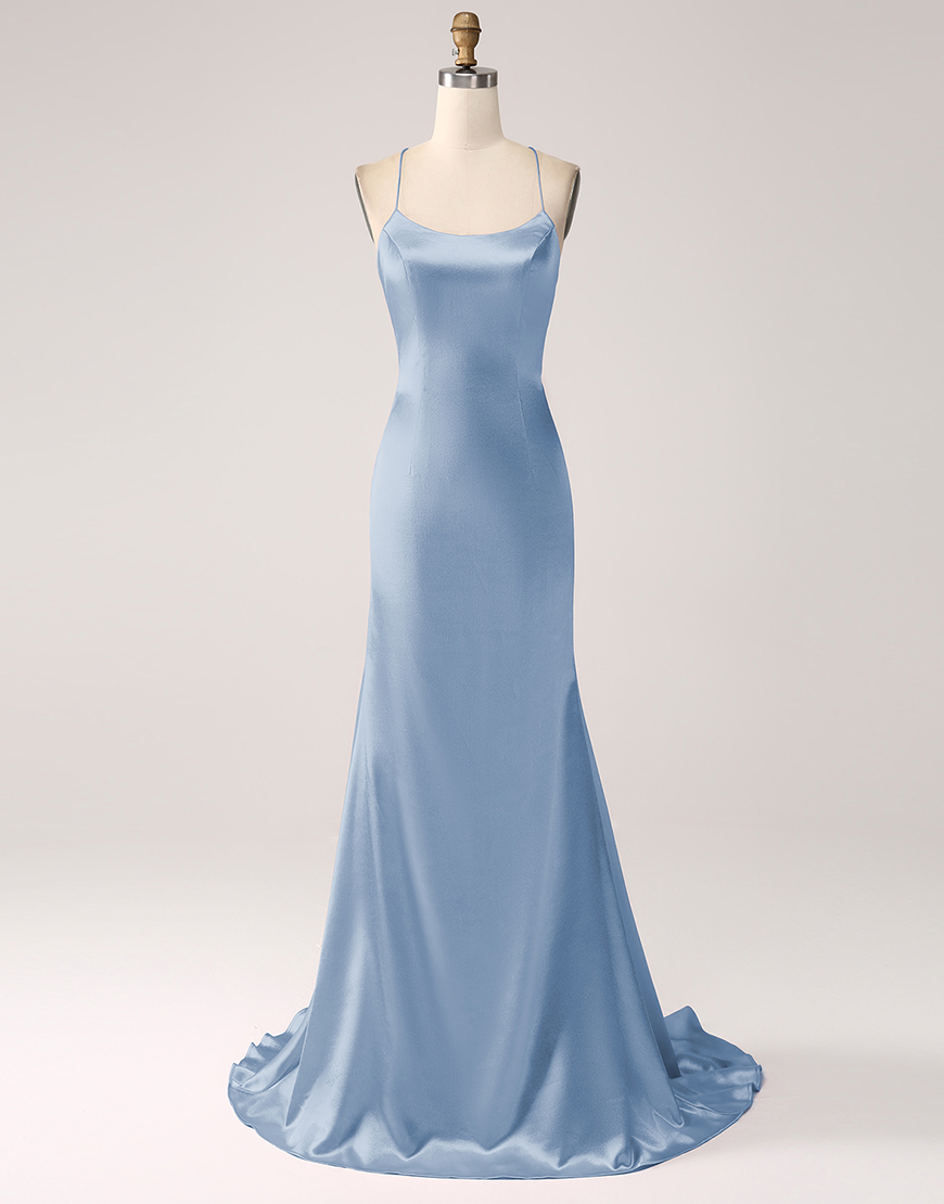 Blush Mermaid Spaghetti Straps Satin Lace-Up Long Prom Dress