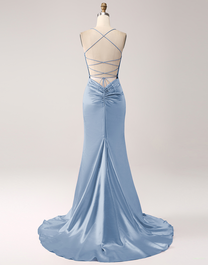 Blush Mermaid Spaghetti Straps Satin Lace-Up Long Prom Dress