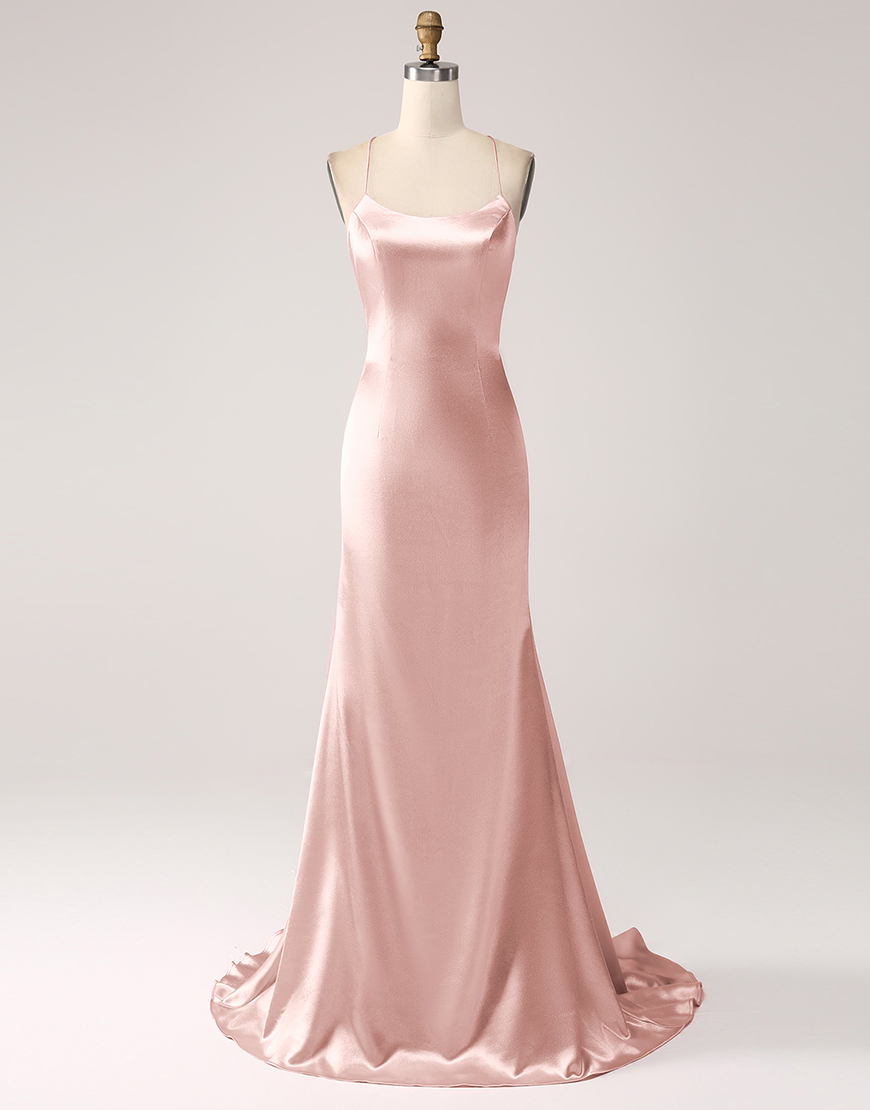 Blush Mermaid Spaghetti Straps Satin Lace-Up Long Prom Dress