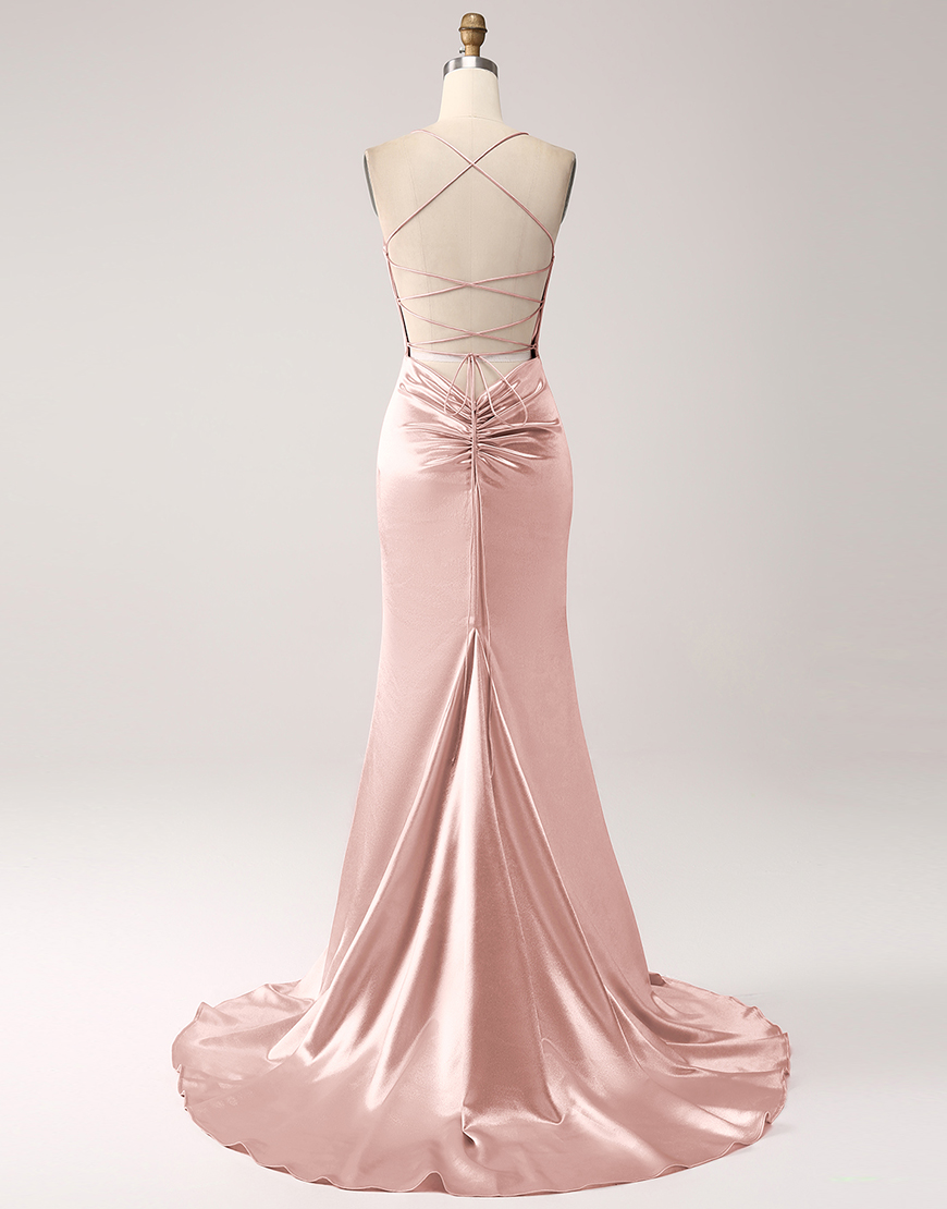 Blush Mermaid Spaghetti Straps Satin Lace-Up Long Prom Dress