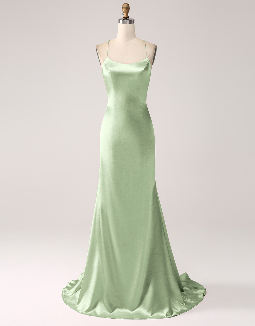 Blush Mermaid Spaghetti Straps Satin Lace-Up Long Prom Dress