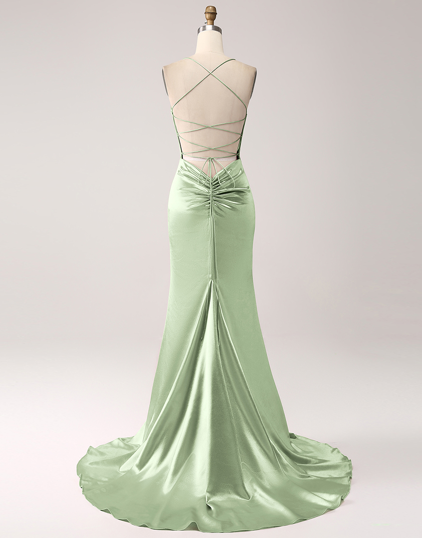 Blush Mermaid Spaghetti Straps Satin Lace-Up Long Prom Dress