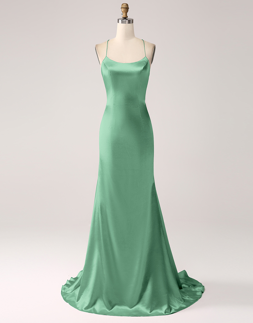 Blush Mermaid Spaghetti Straps Satin Lace-Up Long Prom Dress