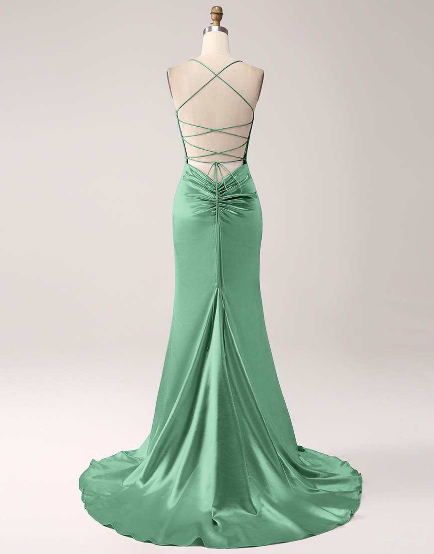 Blush Mermaid Spaghetti Straps Satin Lace-Up Long Prom Dress