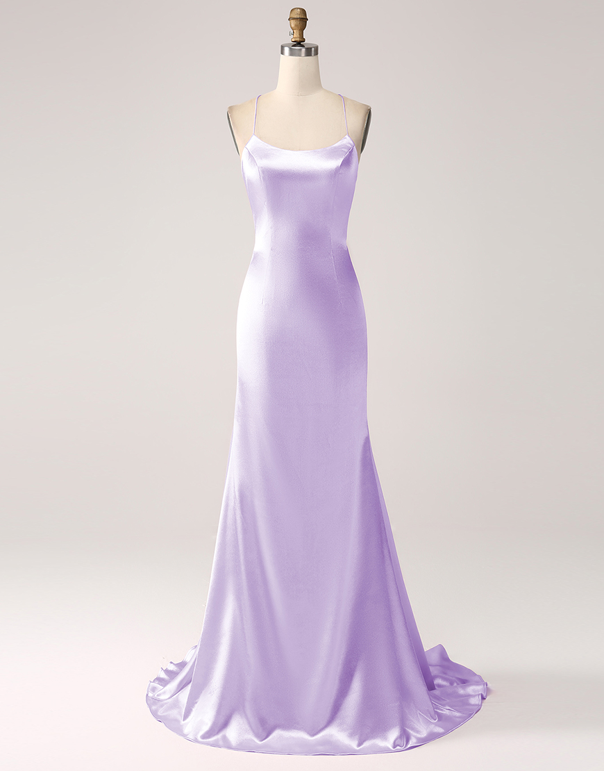 Blush Mermaid Spaghetti Straps Satin Lace-Up Long Prom Dress