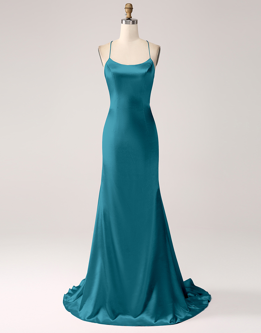 Blush Mermaid Spaghetti Straps Satin Lace-Up Long Prom Dress