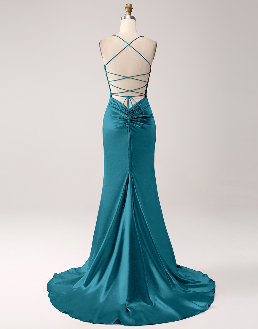 Blush Mermaid Spaghetti Straps Satin Lace-Up Long Prom Dress