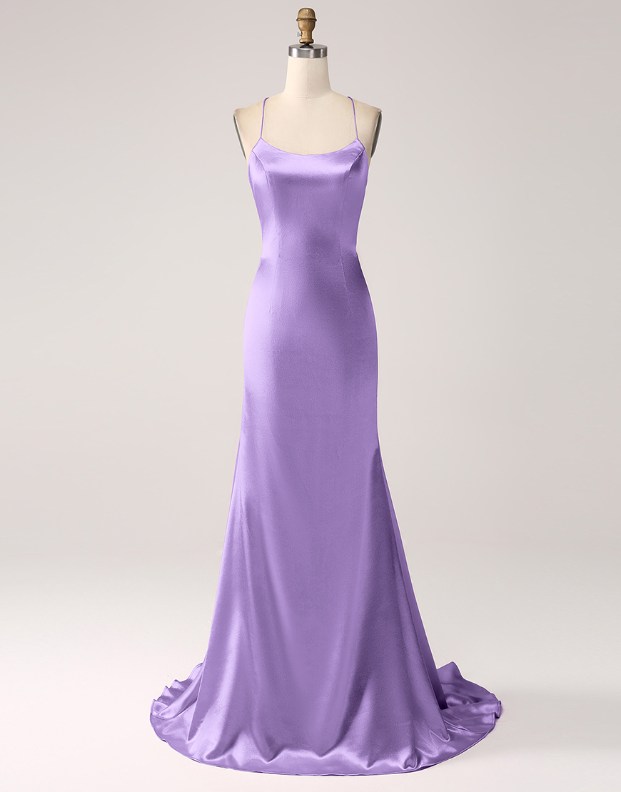 Blush Mermaid Spaghetti Straps Satin Lace-Up Long Prom Dress