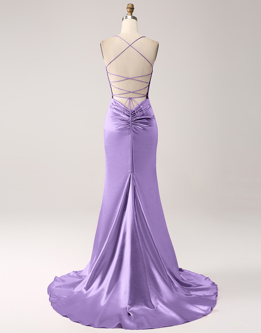 Blush Mermaid Spaghetti Straps Satin Lace-Up Long Prom Dress