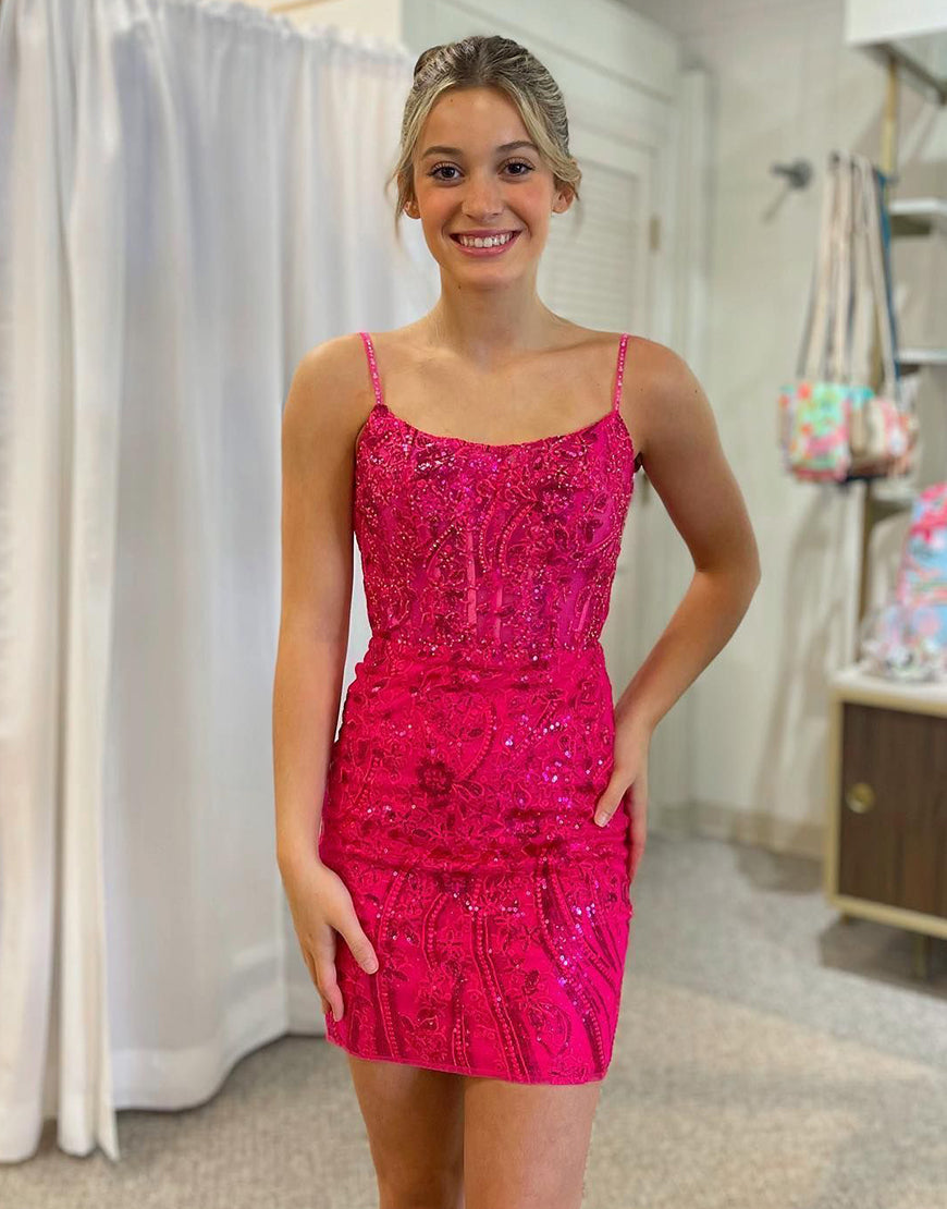 Gorgeous Spaghetti Straps Lace Up Tight Glitter Homecoming Dress