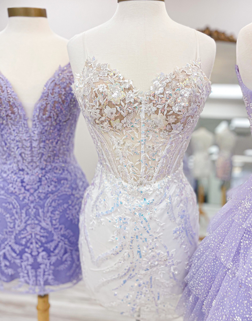 Lilac Sparkly Spaghetti Straps Short Tight Homecoming Dress