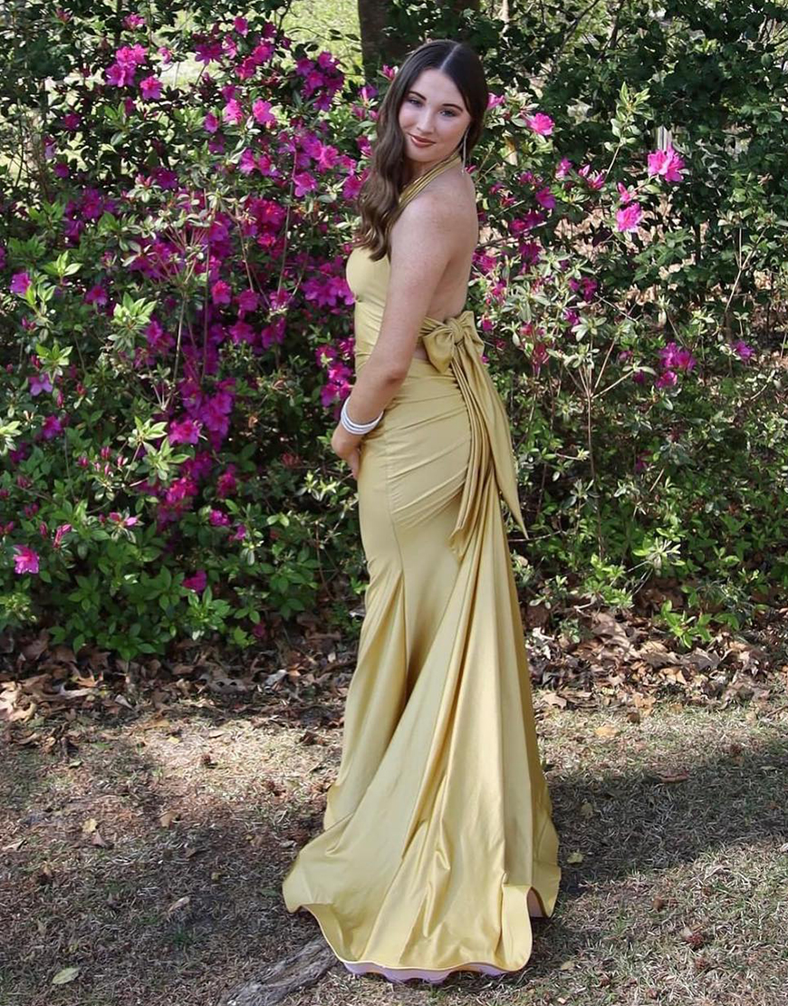 Light Blue Mermaid Halter Bow Tie Back Long Prom Dress