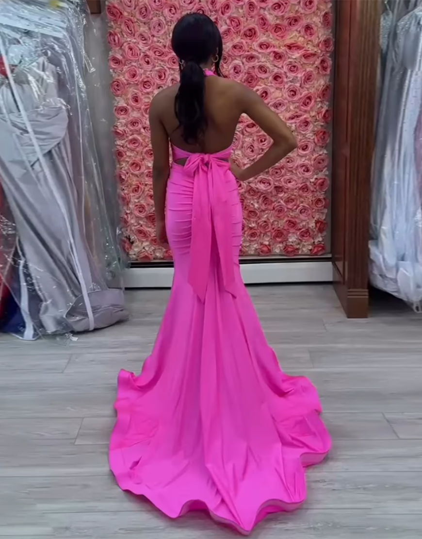 Light Blue Mermaid Halter Bow Tie Back Long Prom Dress