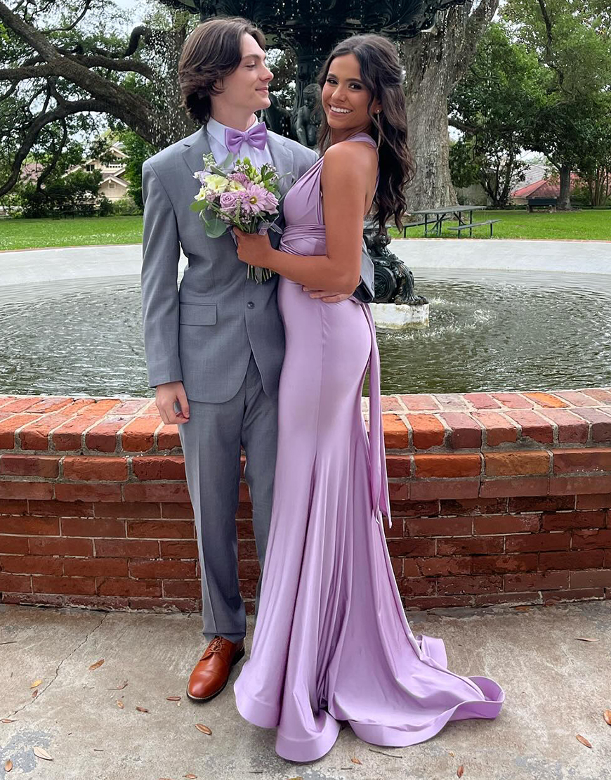 Light Blue Mermaid Halter Bow Tie Back Long Prom Dress