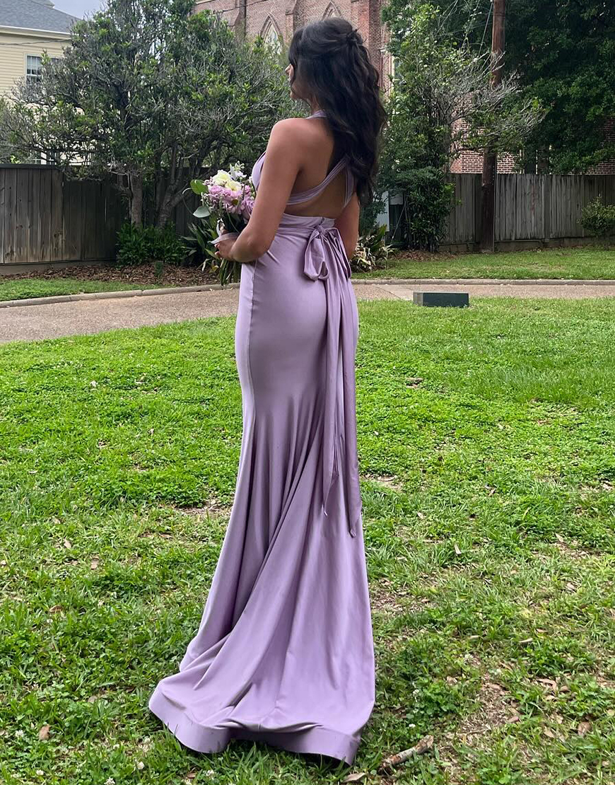 Light Blue Mermaid Halter Bow Tie Back Long Prom Dress