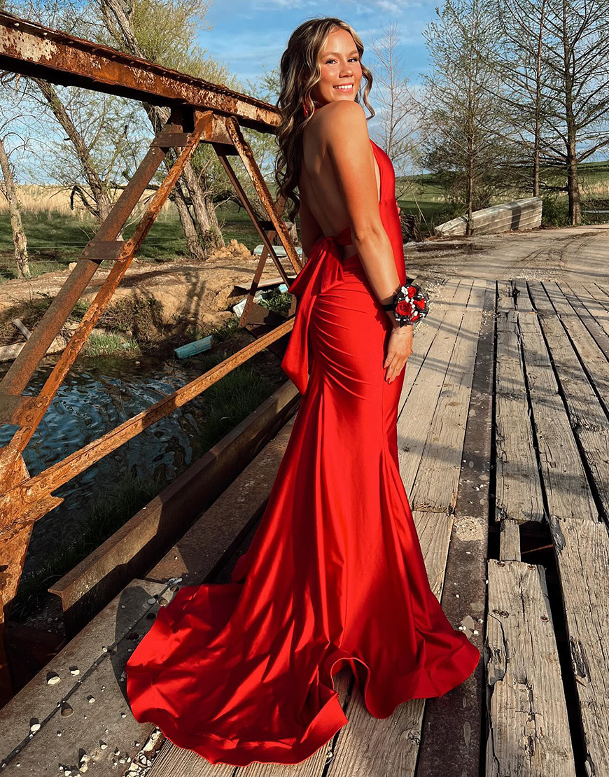 Light Blue Mermaid Halter Bow Tie Back Long Prom Dress