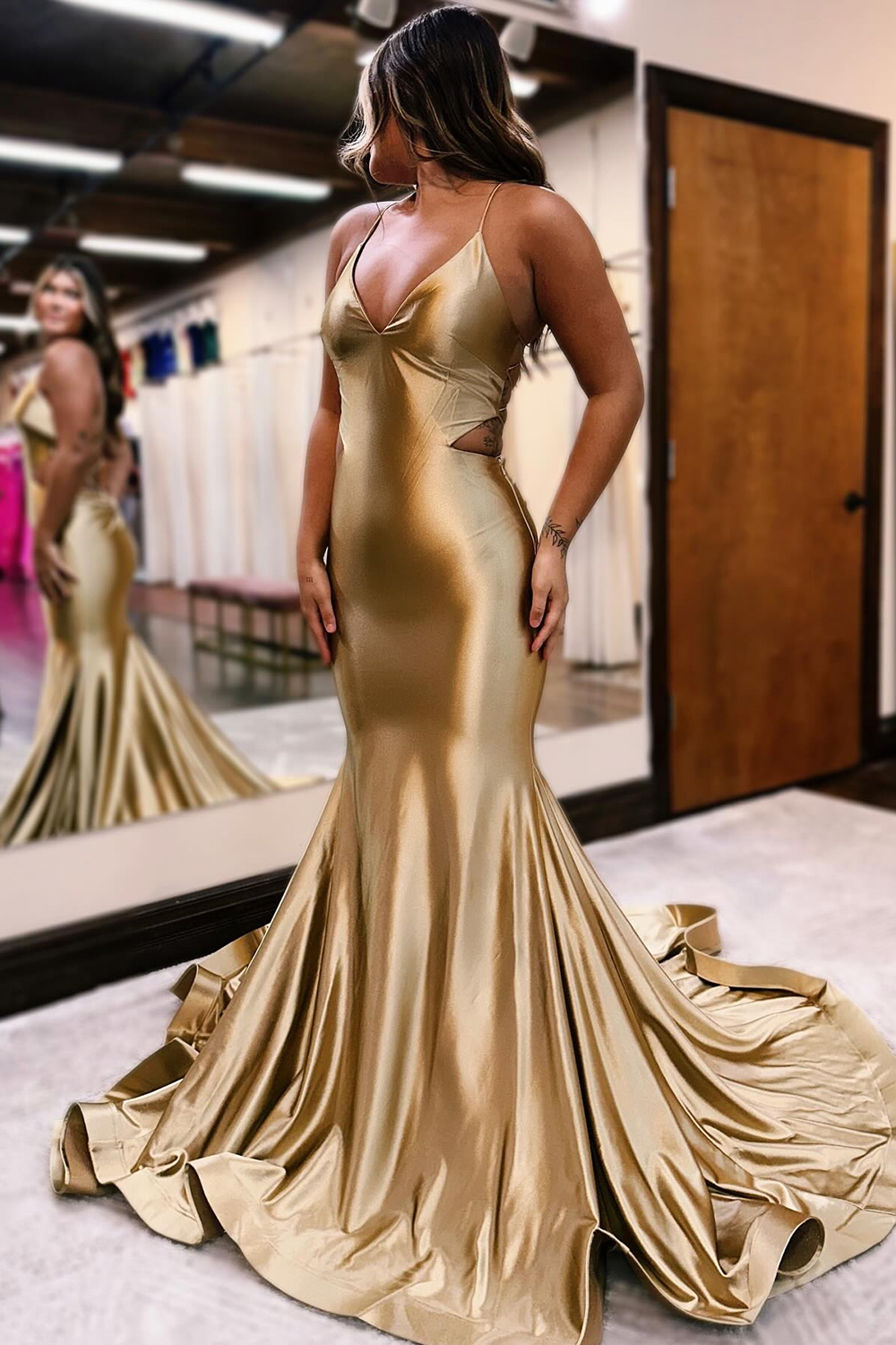 Golden Mermaid Spaghetti Straps Lace Up Long Metallic Prom Dress