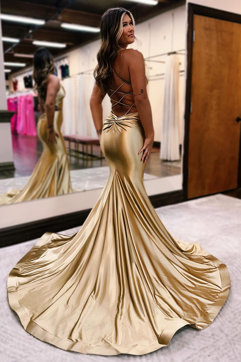 Golden Mermaid Spaghetti Straps Lace Up Long Metallic Prom Dress