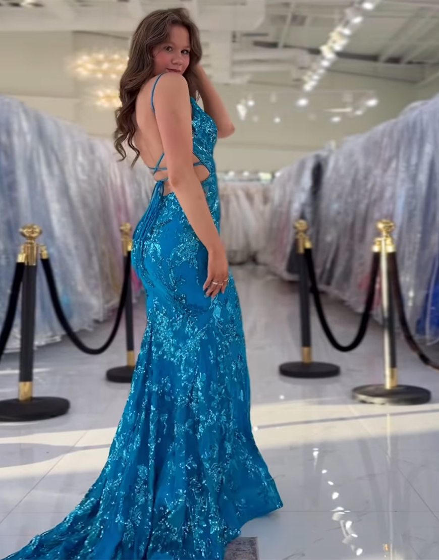Sparkly Blue Mermaid Spaghetti Straps Long Lace-Up Prom Dress with Sequined