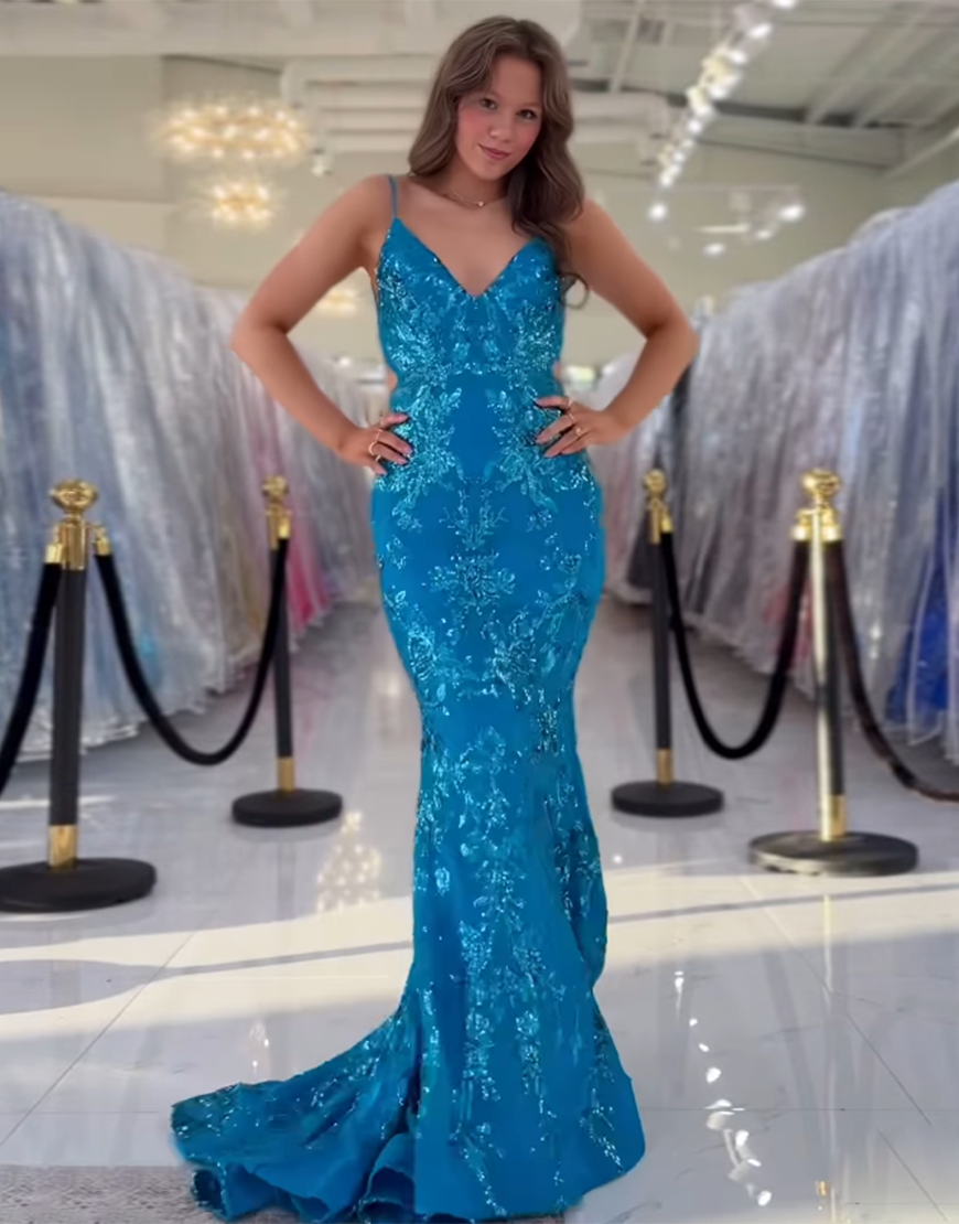Sparkly Blue Mermaid Spaghetti Straps Long Lace-Up Prom Dress with Sequined