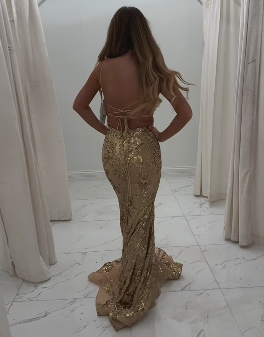 Sparkly Blue Mermaid Spaghetti Straps Long Lace-Up Prom Dress with Sequined