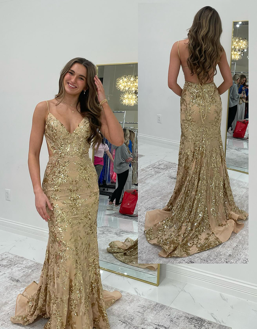 Sparkly Blue Mermaid Spaghetti Straps Sequins Long Backless Prom Dress