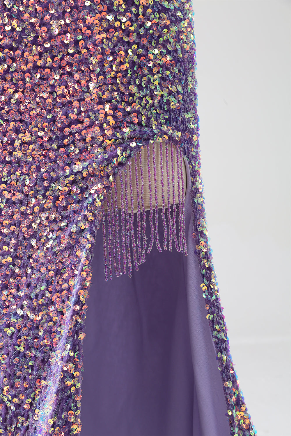 Sparkly Light Purple Lace-Up Back Long Sequin Prom Dress with Fringe