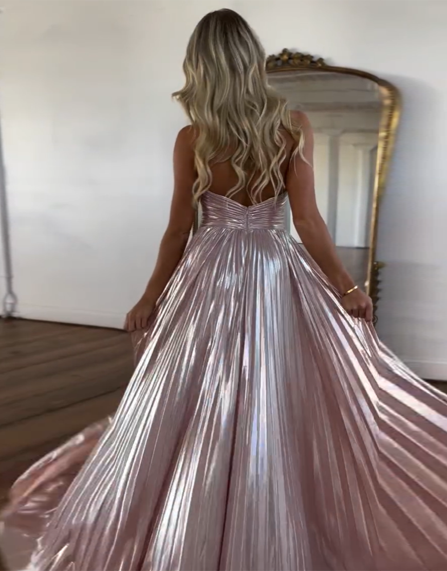 Dark Purple A-Line Halter Long Metallic Prom Dress With Slit