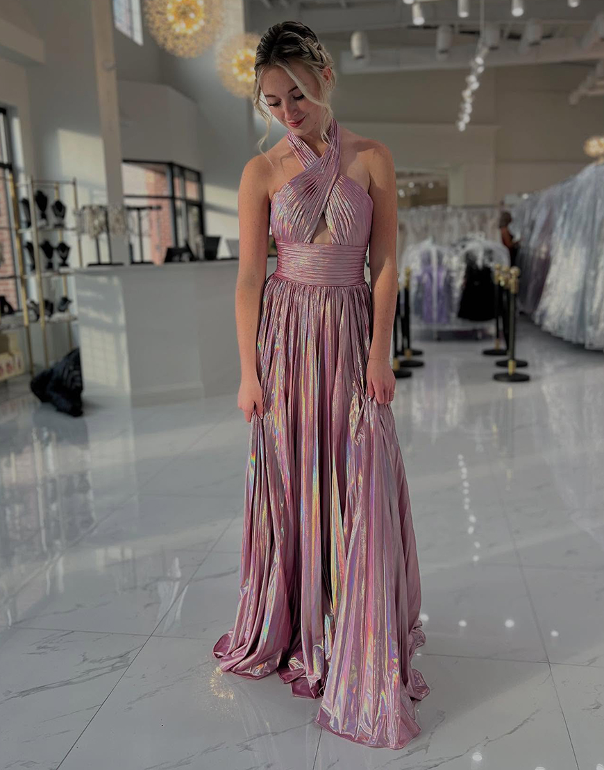 Dark Purple A-Line Halter Long Metallic Prom Dress With Slit