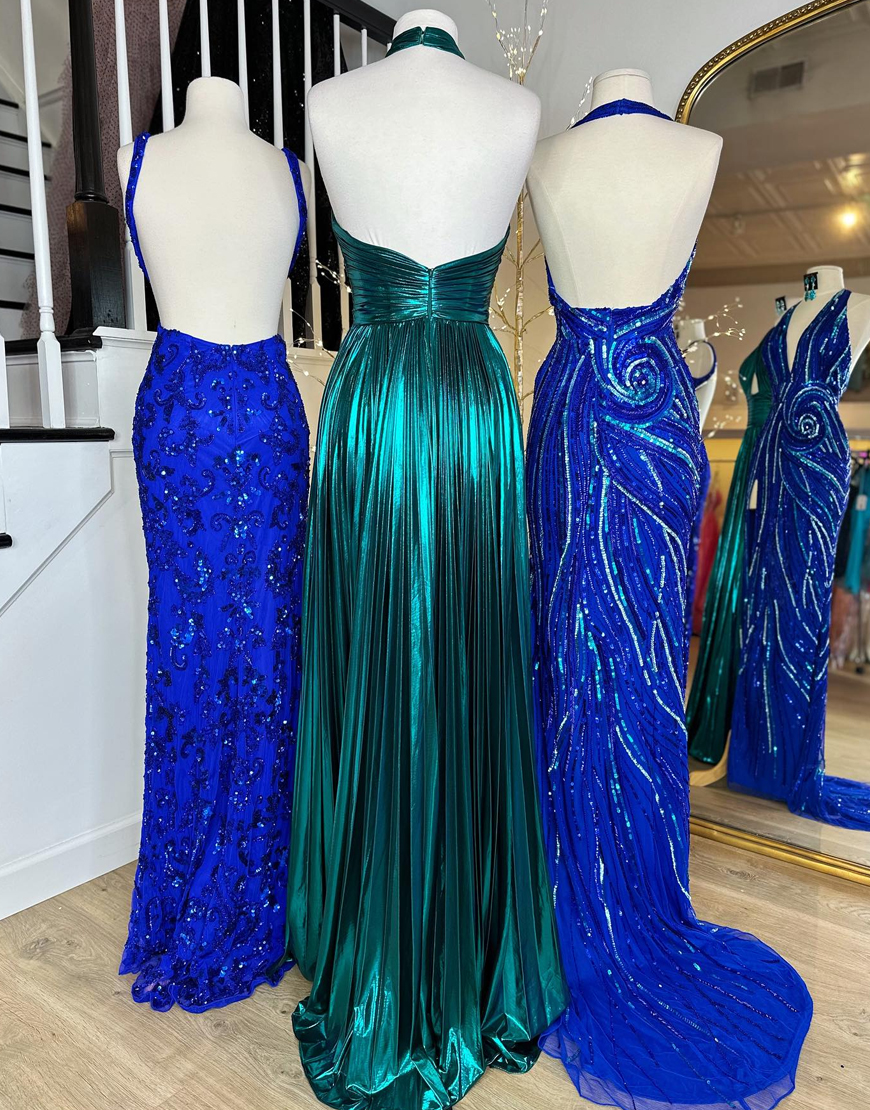 Peacock Blue Halter Neck A-Line Long Bright Prom Dress With Split
