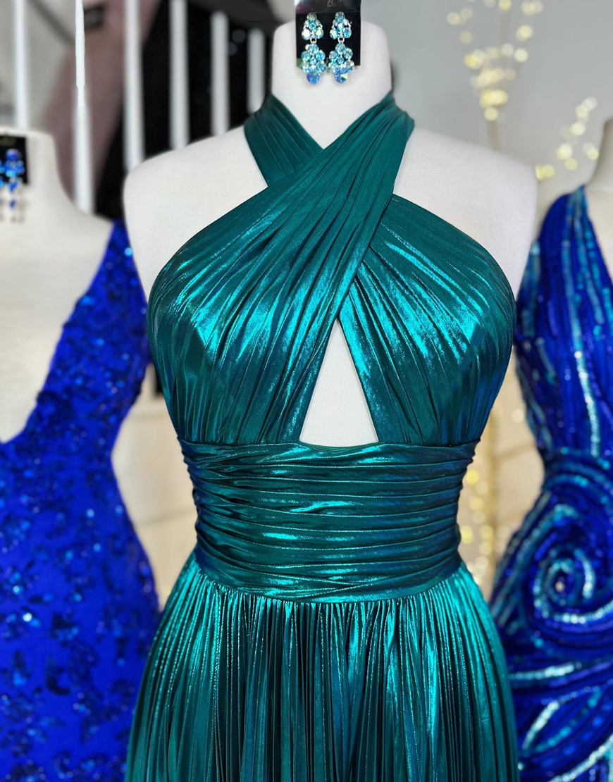 Peacock Blue Halter Neck A-Line Long Bright Prom Dress With Split