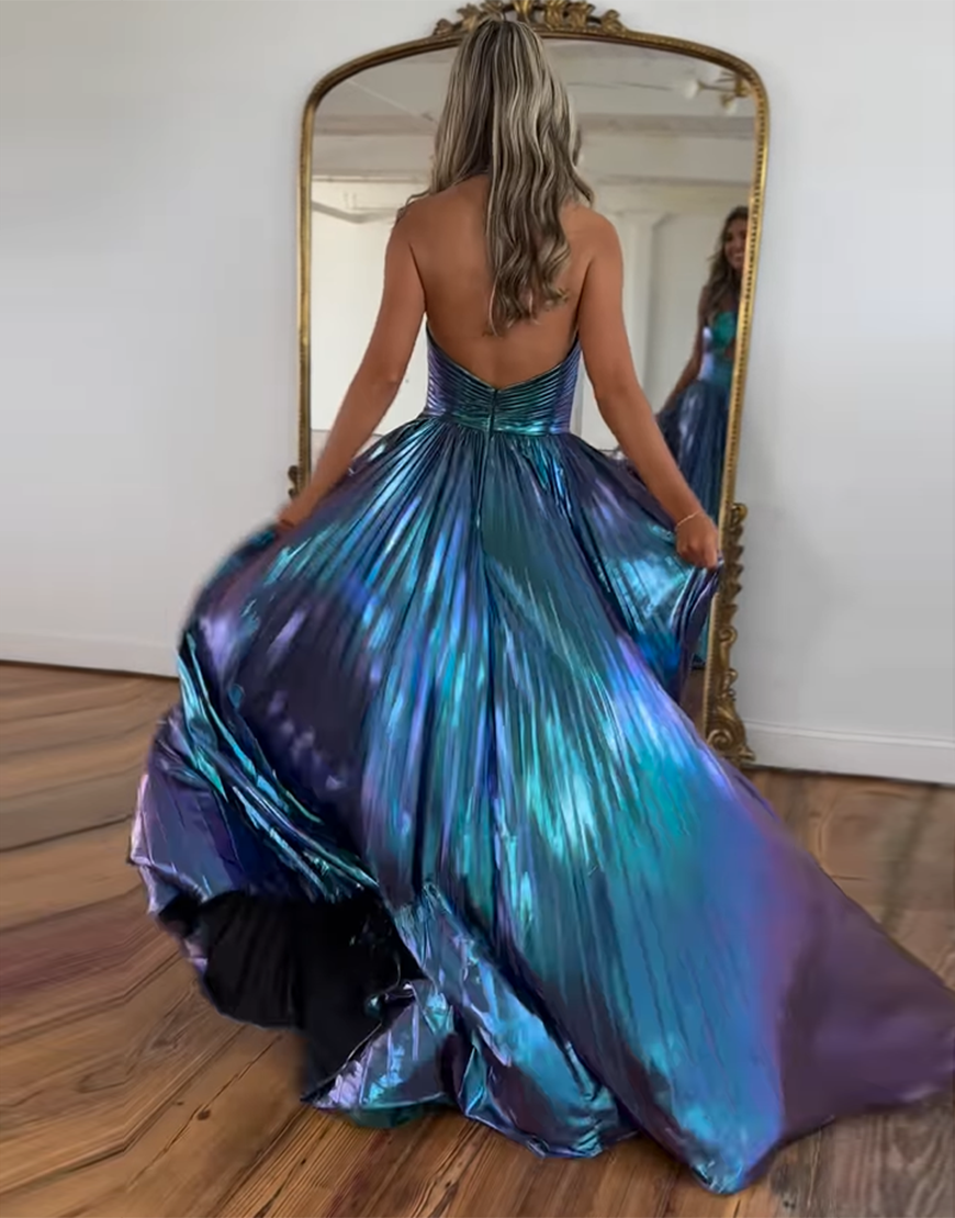 Dark Purple A-Line Halter Long Metallic Prom Dress With Slit