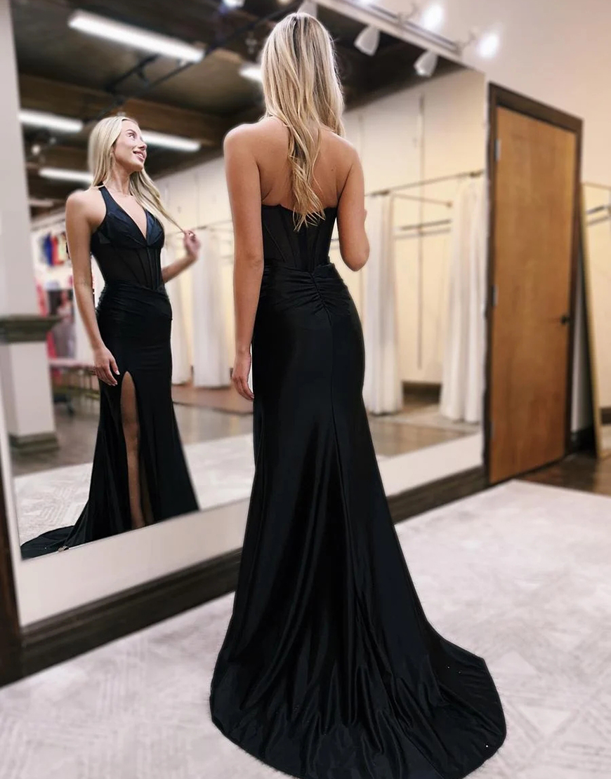 Black Mermaid Halter Neck Open Back Long Satin Prom Dress With Split