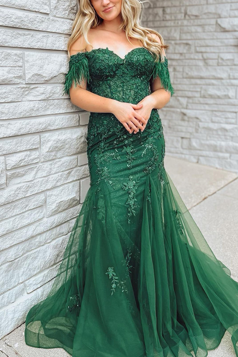 Dark Green Mermaid Off The Shoulder Long Prom Dress with Appliques
