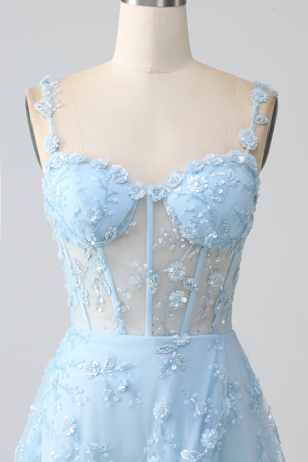 Sparkly Blue A Line Floral Spaghetti Straps Sequin Corset Prom Dress with Slit