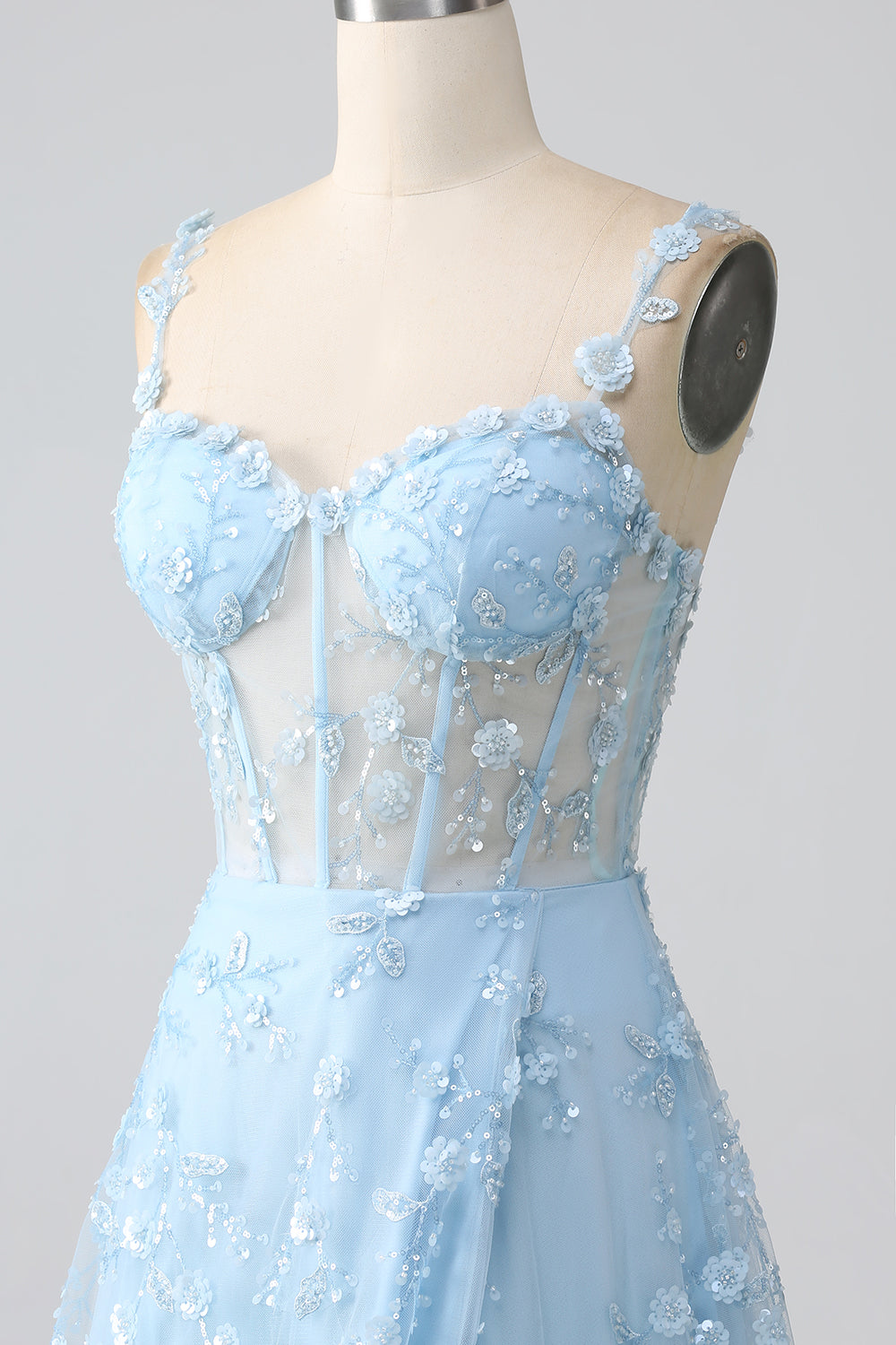 Sparkly Blue A Line Floral Spaghetti Straps Sequin Corset Prom Dress with Slit