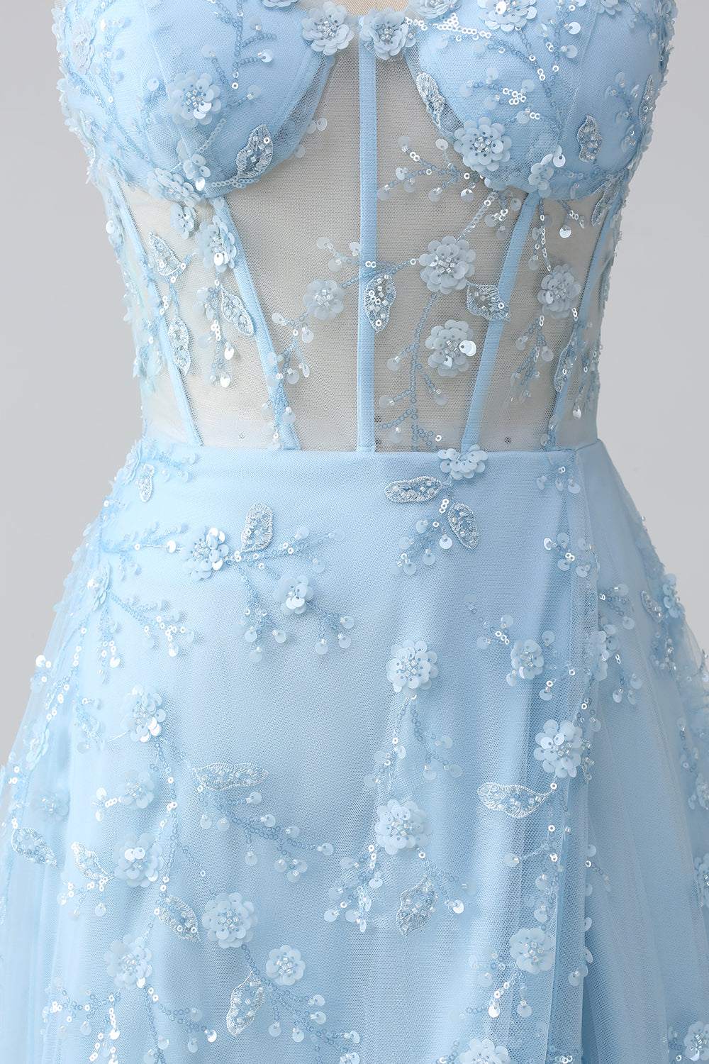 Sparkly Blue A Line Floral Spaghetti Straps Sequin Corset Prom Dress with Slit