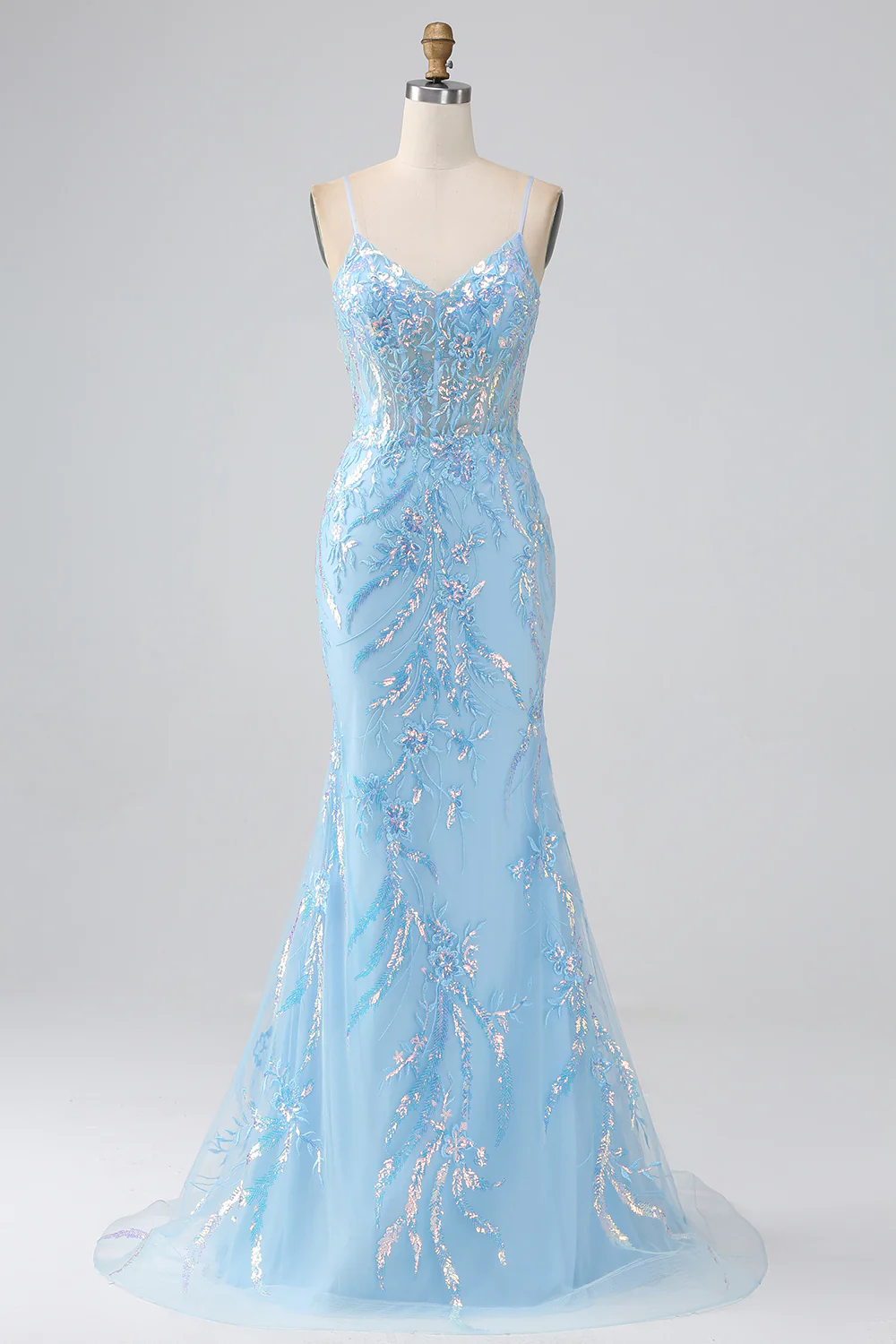 Sparkly Light Blue Mermaid Spaghetti Straps Long Prom Dress With Sequin