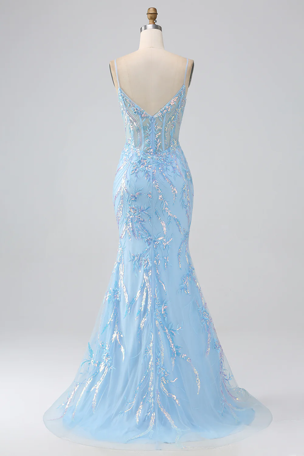Sparkly Light Blue Mermaid Spaghetti Straps Long Prom Dress With Sequin