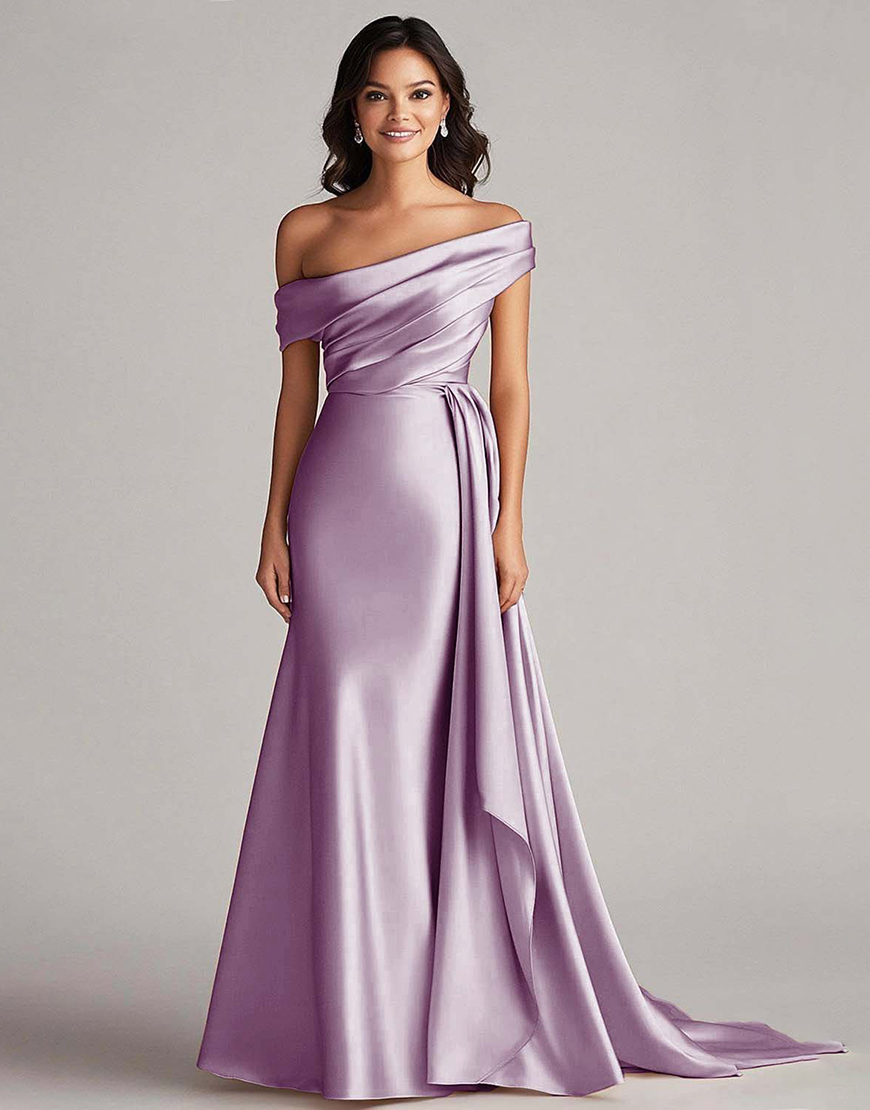 Elegant Champagne One Shoulder Bodycon Satin Long Prom Dress With Ruffles