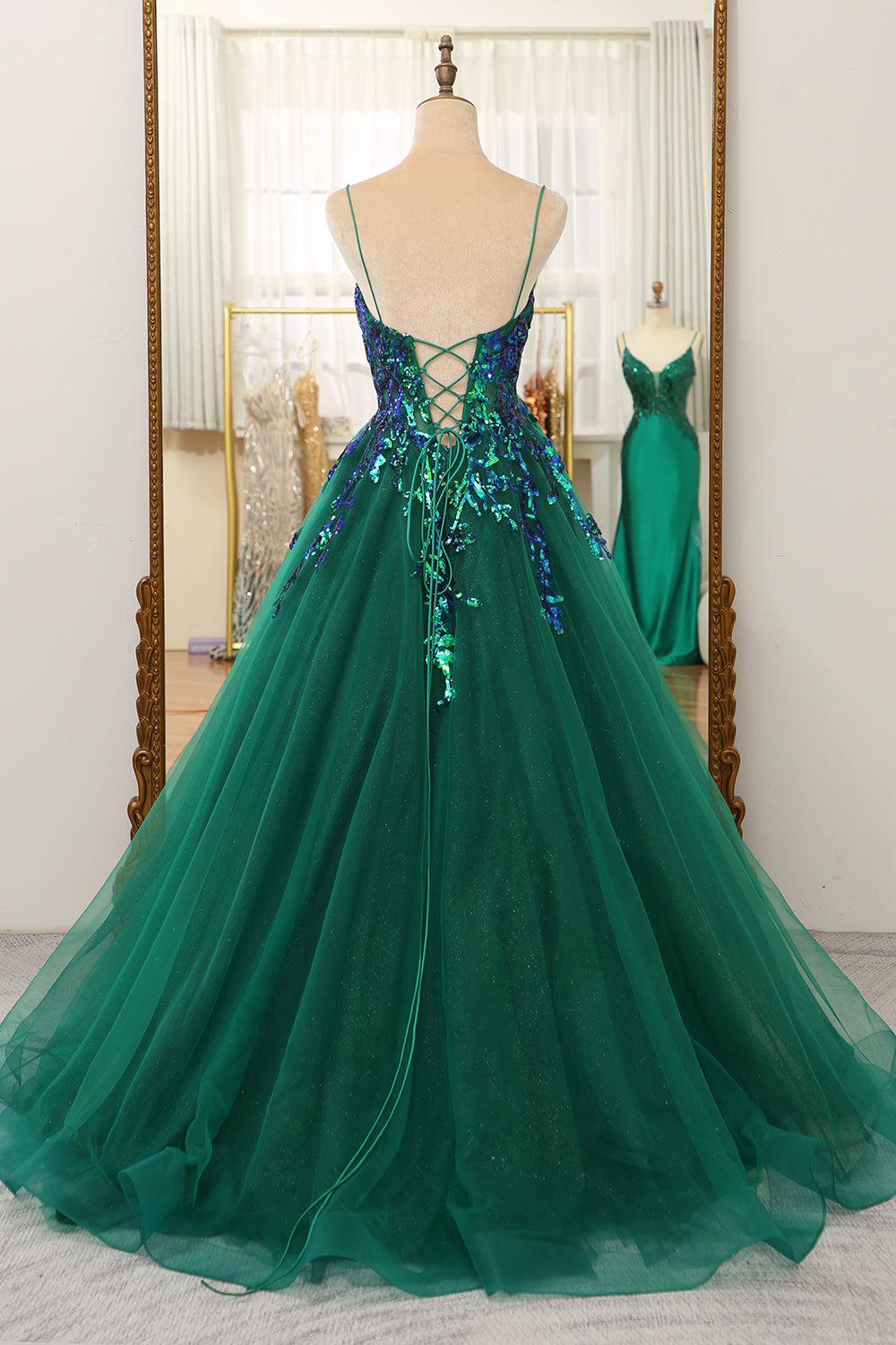 Glitter Dark Green A-Line Tulle Spaghetti Straps Long Prom Dress With Sequin